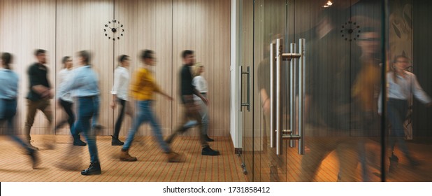 Group Of Office People Walking At Office Open Space. Team Of Business Employees At Coworking Center. People At Motion Blur. Concept Working At Action