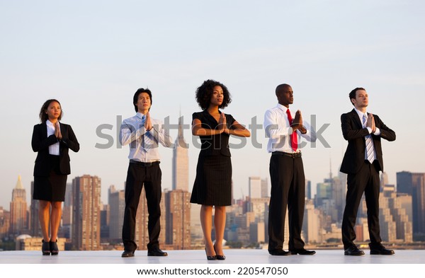 Group Office Workers Doing Outdoor Yoga People Stock Image