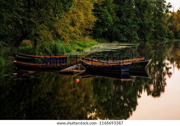 Group of Old Small Boat Sink in The Lake\
ok Wilanow Park - Half-submerged old boat on\
lake