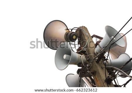 Group of old speaker on concrete pillar with electric wire. Isolated white background.
