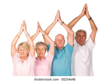 Group Of Older Mature People Doing Yoga Exercises, Isolated On White Background