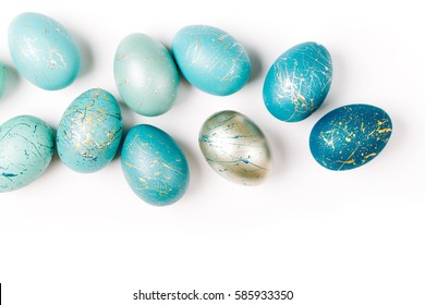 Group ombre blue Easter eggs isolated on white background. Dyed Easter eggs