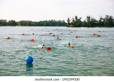 A Group Of Open Water Swimmers Swimming  Together In Competition In The Lake With Orange Safety Bags And With Green Trees In The Background