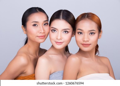 Group Pack Of Beautiful Clean Skin Three Asian Woman Straight Black Hair Hands Arms Fingers Face Pose Open Shoulder Smile, Studio Lighting White Background Copy Space, Aesthetics Skincare Treatment