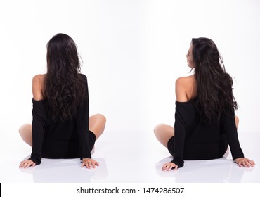 Group Pack Collage Of Asian 40s Woman In Body Suit Leotard Dress Snap Sit Turn Back And Posing Fashion Style, Studio Lighting White Background Isolated