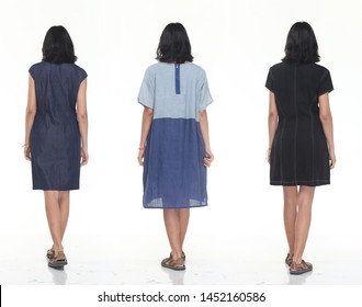 Group pack collage of Back side view of Asian Tanned skin 20s slim woman black hair stand fashion posing in Casual Dress Clothes, full length snap studio lighting white background isolated