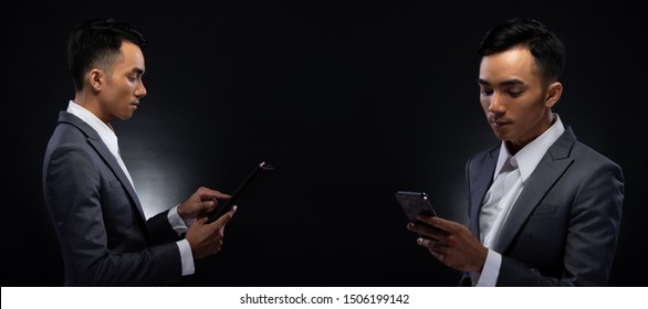 Group Pack Collage Of Portrait 20s Asian Business Man Under Studio Lighting Dark Background, Male In Proper Gray Suit Hold Smart Phone In Hand And Talk To Client, Check Social Media, Read E-mail, Iot