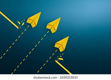 Group of paper planes breaking through obstacle. Concept of overcoming barriers, goal, target