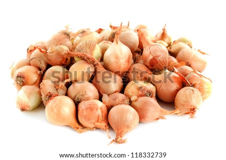 group of pearl onions in front of white background