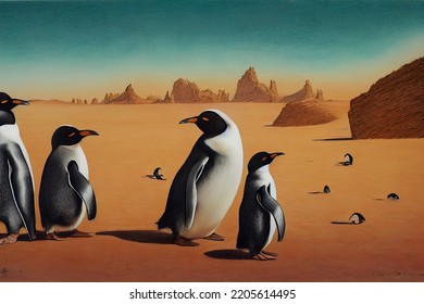 Group Of Penguins In Desert Photo Realist Image 