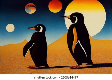 Group Of Penguins In Desert Photo Realist Image 