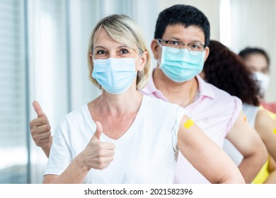 Group Of People After Getting The Covid-19 Vaccine, Composite Shot. A Diverse Group Of Men And Women With Band-aids On Arm After Receiving Immunity Vaccine.