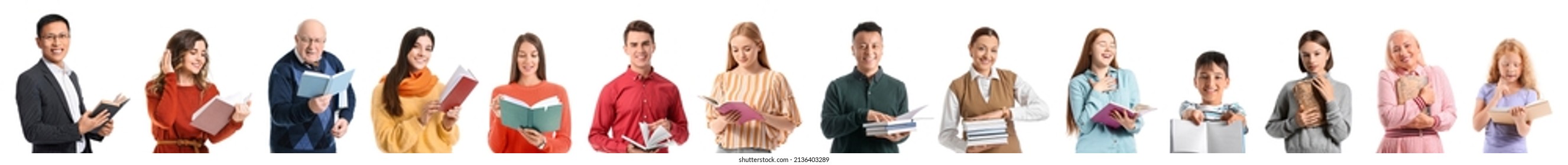 Group Of People With Books On White Background