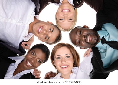 A Group Of People In A Circle On White Background. View From The Bottom