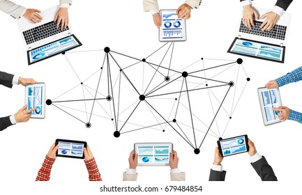 Group Of People With Devices In Hands Working Together As Symbol Of Networking And Communication