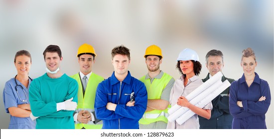 Group Of People With Different Jobs Standing With Arms Folded In Line