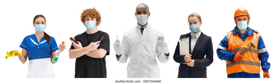 Group Of People With Different Professions On White Background, Horizontal. Modern Workers Of Diverse Occupations, Male And Female Models Like Accountant, Barber, Doctor, Accountant In Face Masks