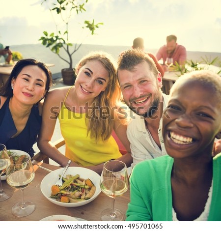 Similar – Image, Stock Photo Young friends looking map with healthy drinks and snacks