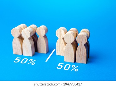 The group of people is divided equally by line. Visualization of statistical data. 50% of 100%. Dividing people into two groups on different issues. Polls test results. Equality in numbers - Shutterstock ID 1947733417