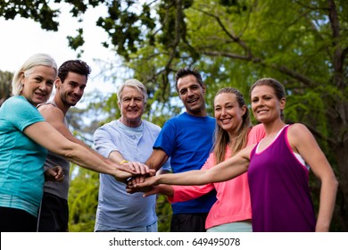 Group of people doing a hand stack in park - Shutterstock ID 649495078