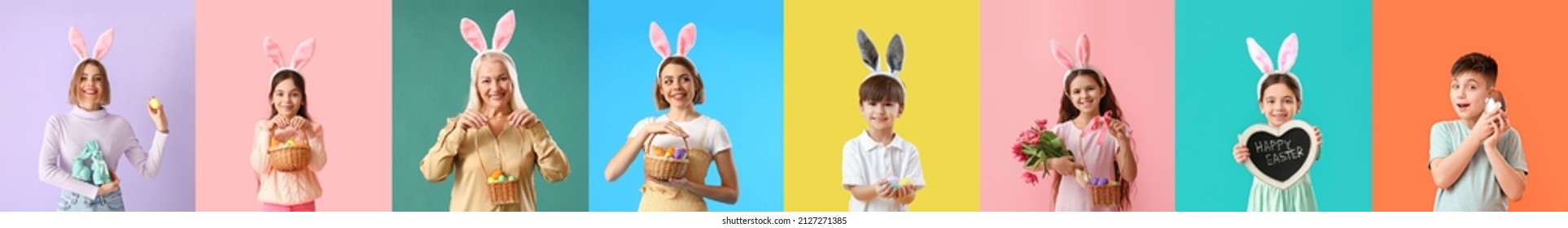 Group of people with Easter eggs on color background - Powered by Shutterstock