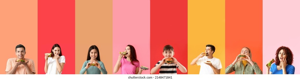 Group of people eating tasty sandwiches on color background with space for text