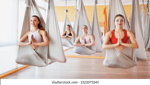 A Group Of People Engaged In A Class Of Yoga Aero In Hammocks Antigravity
