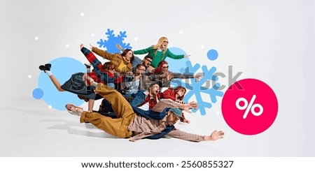 Group of people enthusiastically sliding and reaching towards SALE tag, with snowflakes and vibrant winter visuals. Concept of winter sales, shopping, holiday preparation. Banner. Announcement