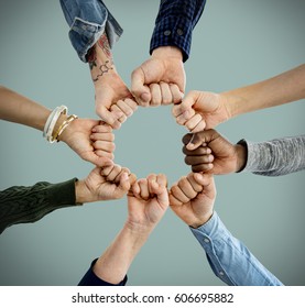 Group of people fist bump assemble together