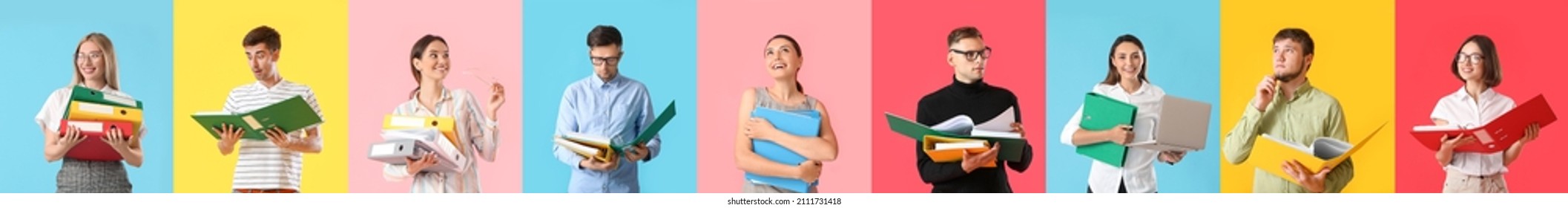 Group of people with folders on color background - Shutterstock ID 2111731418