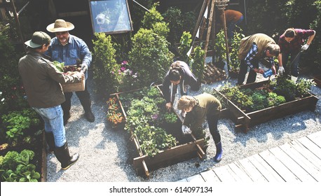 Group of people gardening backyard together
