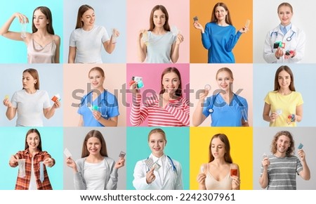 Group of people and gynecologist with different contraceptive means on color background. National Condom Week