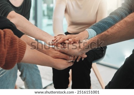 Group, people or hands with stack for therapy, counseling or support together with solidarity in session. Community, participants or therapist with huddle for mental health journey, progress or trust