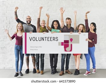 Group Of People Holding Banner Of Blood Donation Campaign