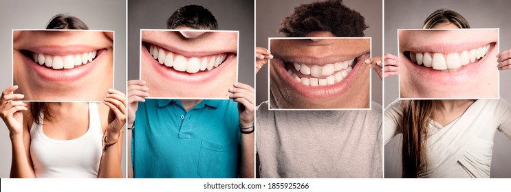 grupo de personas sosteniendo fotos de la boca sonriendo mostrando sus dientes. Concepto de dentista