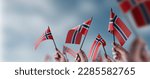 A group of people holding small flags of the Norway in their hands.