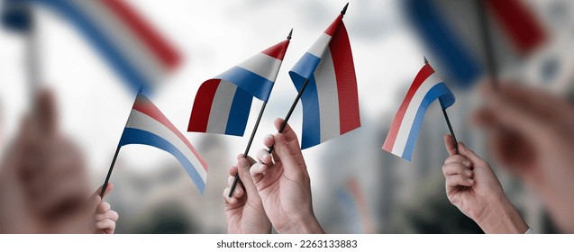A group of people holding small flags of the Netherlands in their hands.