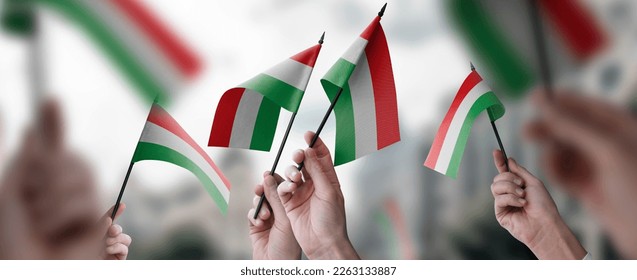 A group of people holding small flags of the Hungary in their hands.