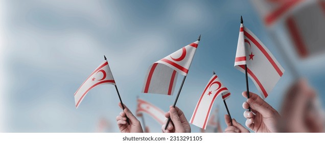 A group of people holding small flags of the Northern Cyprus in their hands.