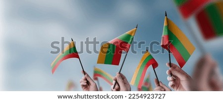 A group of people holding small flags of the Lithuania in their hands.