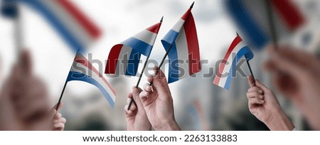 A group of people holding small flags of the Netherlands in their hands.
