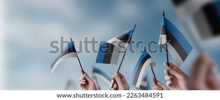 A group of people holding small flags of the Estonia in their hands.