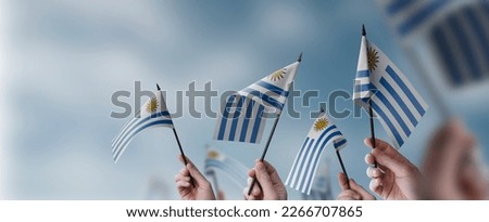 A group of people holding small flags of the Uruguay in their hands.