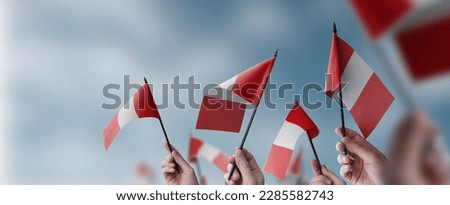 A group of people holding small flags of the Peru in their hands.