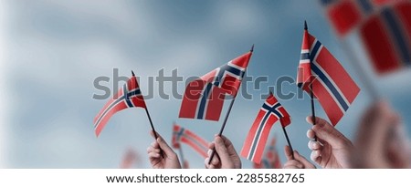 A group of people holding small flags of the Norway in their hands.
