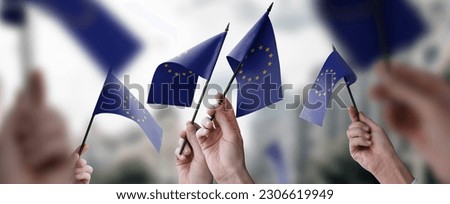 A group of people holding small flags of the European Union in their hands.
