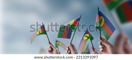 A group of people holding small flags of the New Caledonia in their hands.