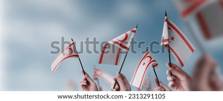 A group of people holding small flags of the Northern Cyprus in their hands.