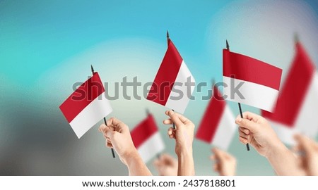 A group of people are holding small flags of Monaco in their hands.
