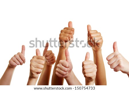 Group of people holds many thumbs up and congratulates the winner